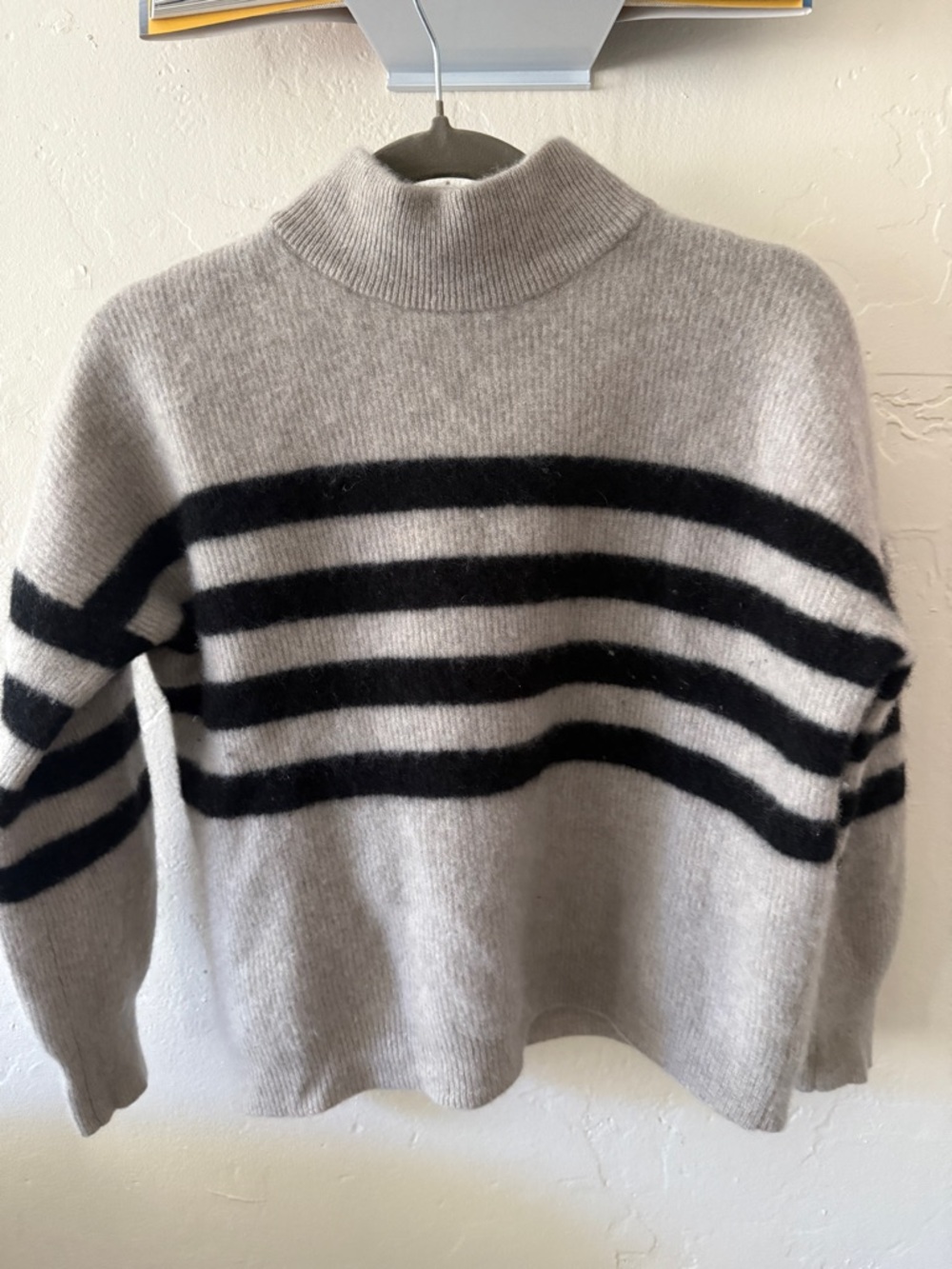 100% Cashmere Cozy Mock Neck Striped Sweater - Gray & Black